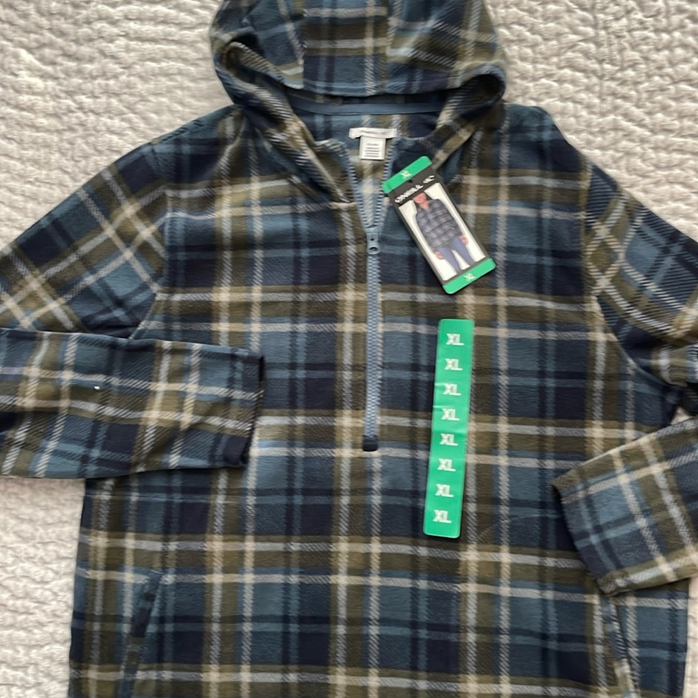 O’NEILL XL half zip blue/green plaid hoodie jacket flannel shirt brand new